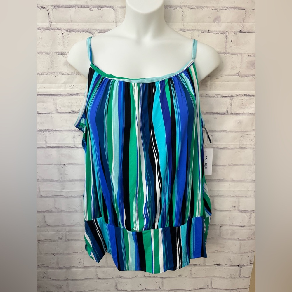 Swimsuits For All Size 34 Lightweight Scoop Neck Blouson Striped Tankini Top New